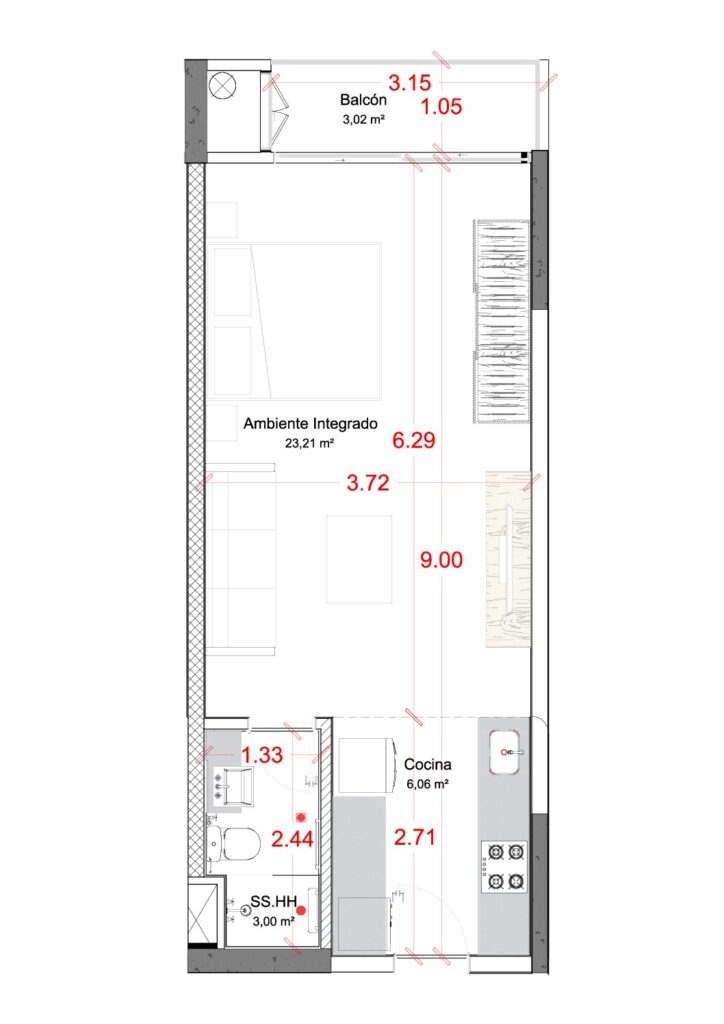 Flats del Sol — סטודיו · 42.8 מ״ר · קומות 1 עד 4